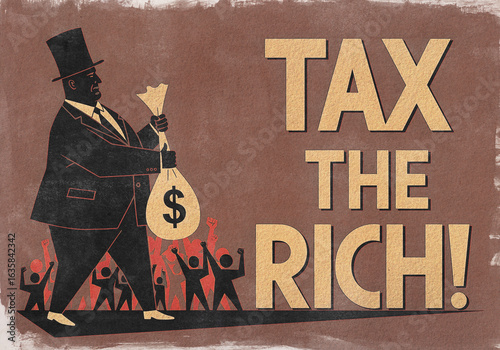 Vintage Illustration of Wealthy Figure Holding Money Bag with Tax the Rich