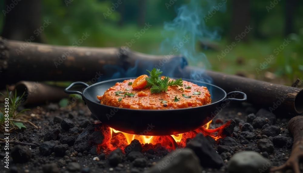 Delicious campfire-cooked meal sizzling over glowing embers, surrounded by rustic wilderness scenery Perfect for outdoor cooking, camping, and adventure themes , branches, cooking Delicious campfire-cooked meal sizzling over glowing embers, surrounded by rustic wilderness scenery Perfect for outdoor cooking, camping, and adventure themes , branches, cooking