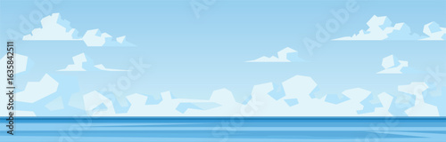 Blue sky with white fluffy clouds over calm ocean water. Vector illustration of a peaceful seascape with a horizon line. Minimalist panoramic nature background for web banner and design projects.