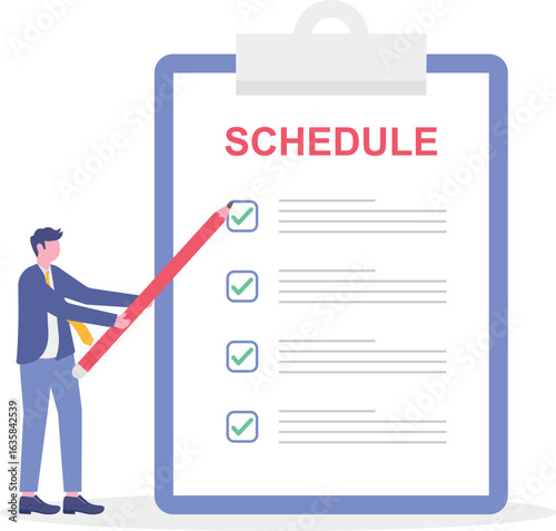 Vector illustration of employee organizing event planning schedule with sticky notes on whiteboard task allocation


