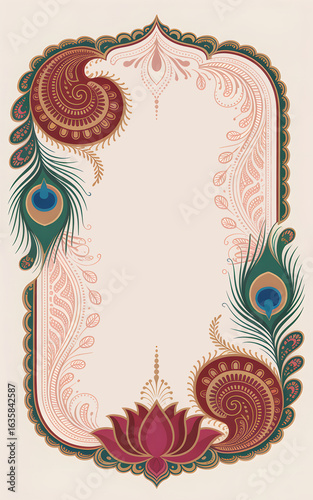 Ornate Indian Frame with Peacock Feather and Lotus. Traditional Mehndi Henna Style Border Design.