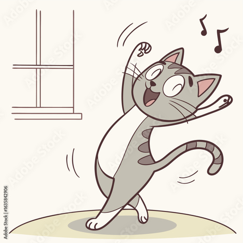 Vector art of a happy cat dancing with joy while listening to music, captured in a fun illustration