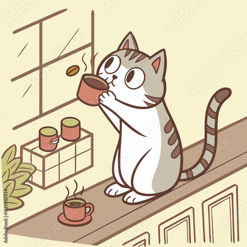 Vector art of cute cartoon cat enjoying a hot cup of coffee with steam rising, sitting on a table near a window