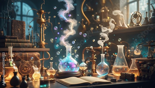 Wallpaper Mural Enchanted chemistry scene featuring glowing molecules and mystical potions. A dreamy lab setup highlighting the wonder and intrigue of molecular science and exploration Torontodigital.ca