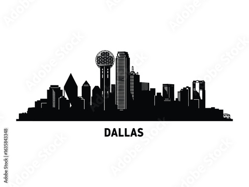 Dallas Cityscape: A sleek silhouette of Dallas's iconic skyline, rendered in striking monochrome. capturing the city's urban elegance and modern architectural marvels.