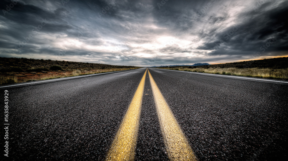 Naklejka premium A deserted road stretches toward the horizon under dramatic cloudy skies, creating a cinematic mood.