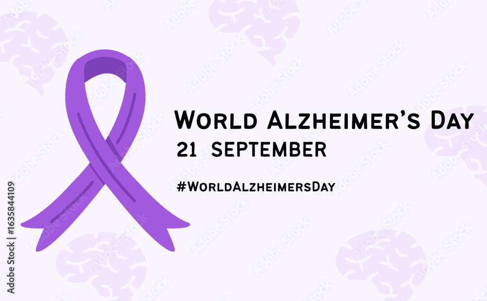 Fototapeta premium Modern World Alzheimer Day banner with awareness ribbon, brain icons, and campaign message. Concept of dementia prevention and support. Poster template for social media. Vector flat style illustration