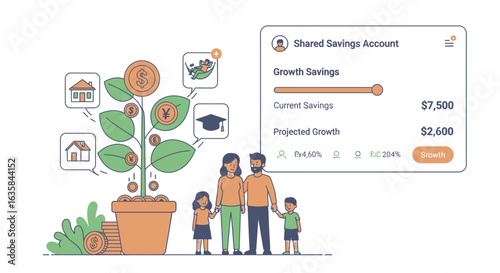 Illustration of a family standing near a money tree representing financial growth, with a savings account interface showing current and projected savings.