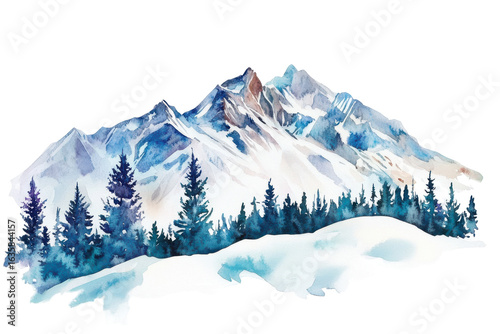 Majestic blue watercolor mountain range reflected in calm water isolated on transparent background. Winter mountain landscape watercolor isolated on white background.