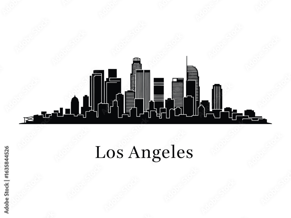 Naklejka premium Los Angeles Cityscape Silhouette: A striking silhouette of Los Angeles' iconic skyline, depicting the city's architectural marvels and vibrant urban energy.