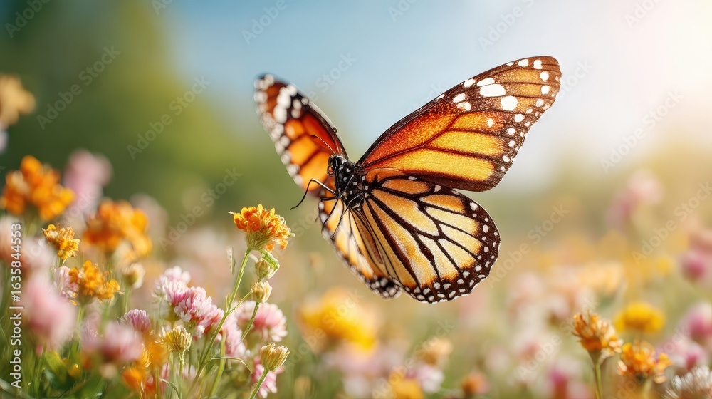 Fototapeta premium Beautiful monarch butterfly fluttering over colorful wildflowers in a sunny meadow
