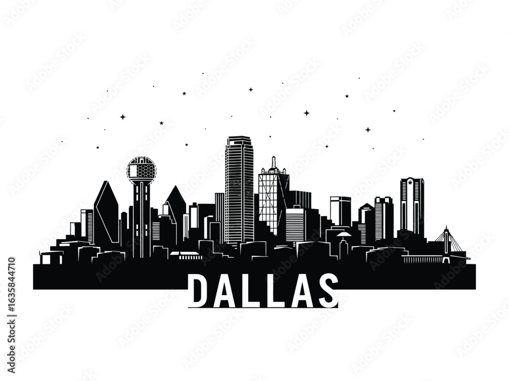 Obraz premium Dallas Skyline: A minimalist illustration of the Dallas skyline, captured in striking black and white, portrays the iconic city's urban silhouette and architectural landmarks.