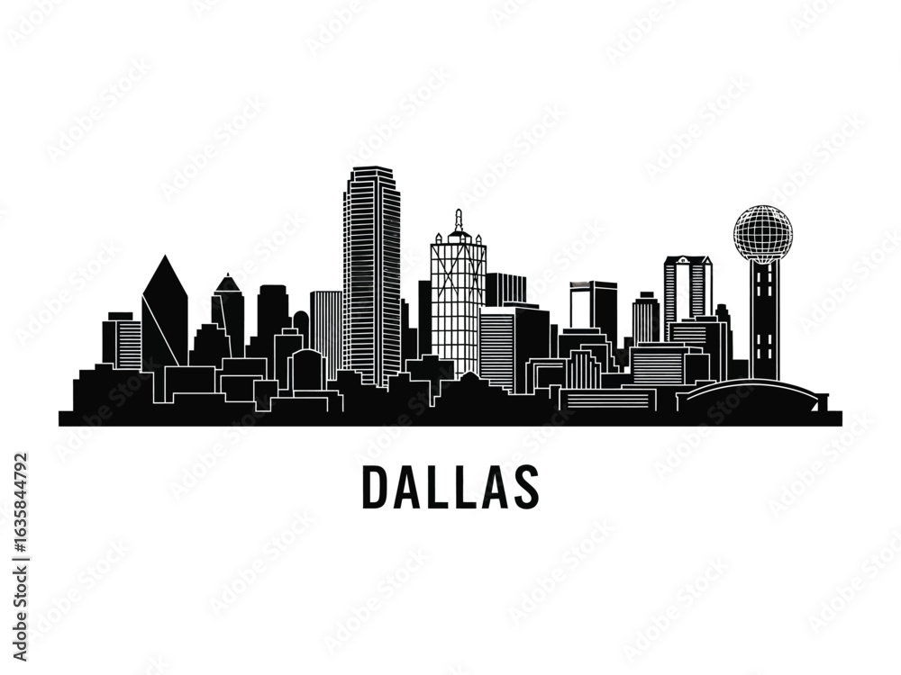 Naklejka premium Dallas Skyline Silhouette: A striking silhouette of the Dallas skyline. Featuring iconic skyscrapers, a timeless cityscape, capturing urban elegance.