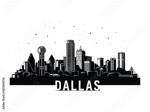 Dallas Skyline: A minimalist illustration of the Dallas skyline, captured in striking black and white, portrays the iconic city's urban silhouette and architectural landmarks.