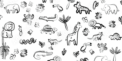Canvas Print Illustration of wild animals, cartoon childish style, transparent background