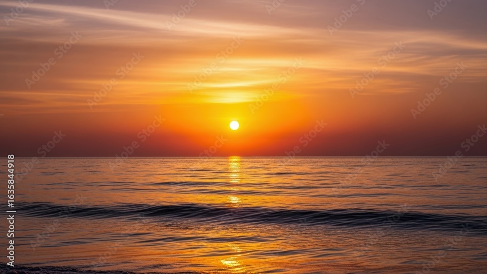 Fototapeta premium Sunset over calm ocean waters with vibrant colors reflecting on the surface.