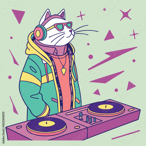 Vector art of cool cat dj wearing headphones and sunglasses, mixing music on turntables with a vibrant, abstract background