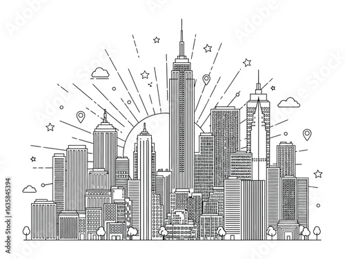 Urban Skyline: A detailed sketch of a city skyline, featuring various buildings and structures silhouetted against a radiant backdrop.