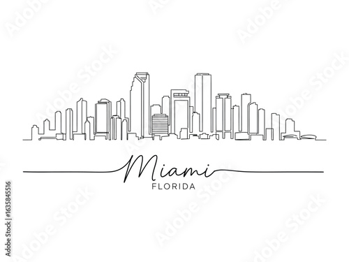 Miami Skyline: An artistic line drawing of the Miami skyline showcases the city's iconic buildings, capturing its modern architecture and urban landscape. 