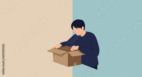 Man unpacking shipping box in split color room. Moving or delivery concept
