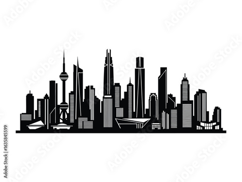 Urban Silhouette: A monochromatic city skyline showcases an array of architectural marvels, symbolizing progress and urban development, embodying the spirit of a modern metropolis.