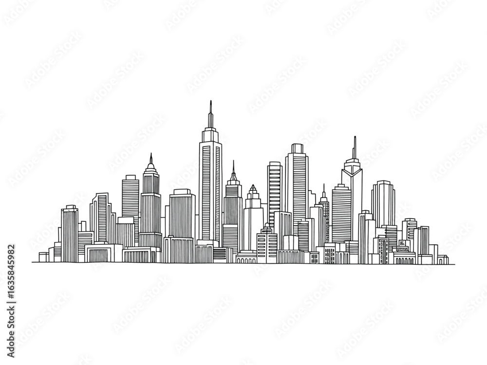 Obraz premium City Skyline: A detailed cityscape illustration of a modern metropolis showcasing iconic skyscrapers and architecture, creating a sense of urban scale and design.