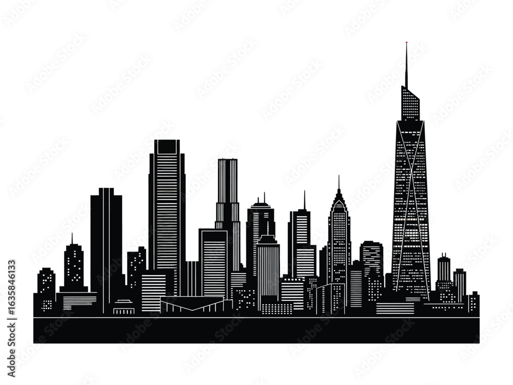 Naklejka premium Urban Silhouette: A sleek, minimalist representation of a modern cityscape, featuring iconic skyscrapers, high-rise structures, and a dynamic skyline. Perfect for conveying urban sophistication.