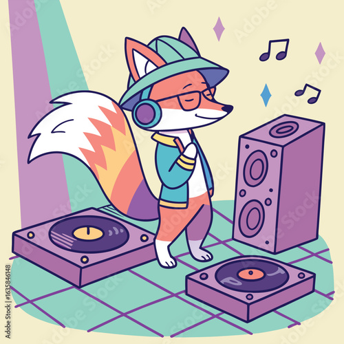 Vector art of a cool cartoon fox dj wearing headphones and a hat, spinning records on turntables with speakers, ready to party