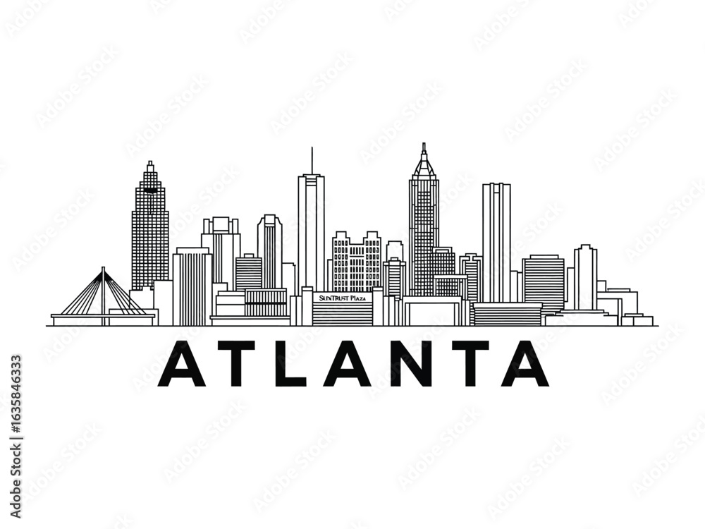 Fototapeta premium Atlanta Skyline: A captivating line drawing of the iconic Atlanta skyline, showcasing its distinct architecture, urban landscape, and a modern cityscape with bold lettering.