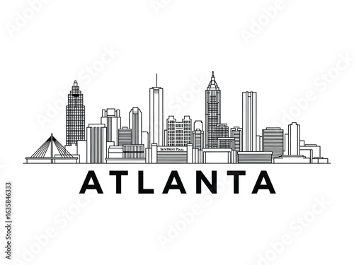 Atlanta Skyline: A captivating line drawing of the iconic Atlanta skyline, showcasing its distinct architecture, urban landscape, and a modern cityscape with bold lettering.