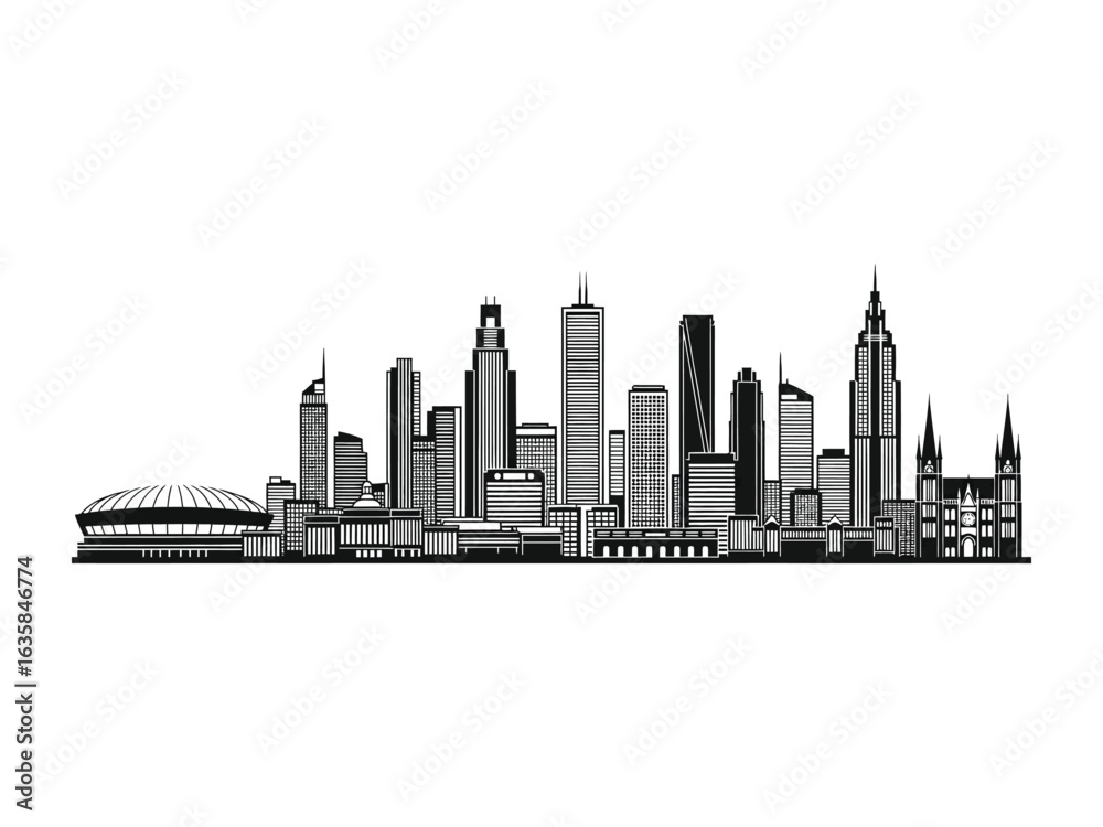 Naklejka premium City Skyline Silhouette: A monochromatic graphic of a dynamic city skyline, capturing the imposing presence of modern buildings. A visual exploration of urban grandeur.