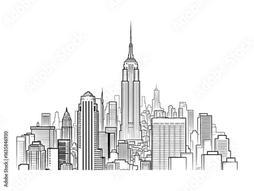 Monochrome Urban Marvel: A striking black and white illustration of a bustling cityscape with majestic skyscrapers reaching towards the heavens, symbolizing the grandeur of modern architecture.