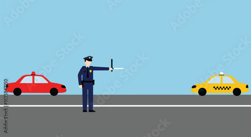 Officer directs traffic with cars on a road for graphic illustration
