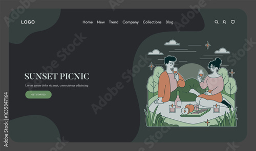 Romantic Sunset Picnic Vector Illustration with Couple