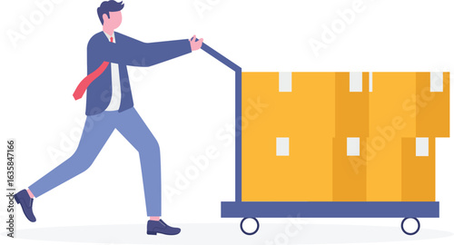 Cartoon character illustration of young man courier delivery pulling the big box with rope.

