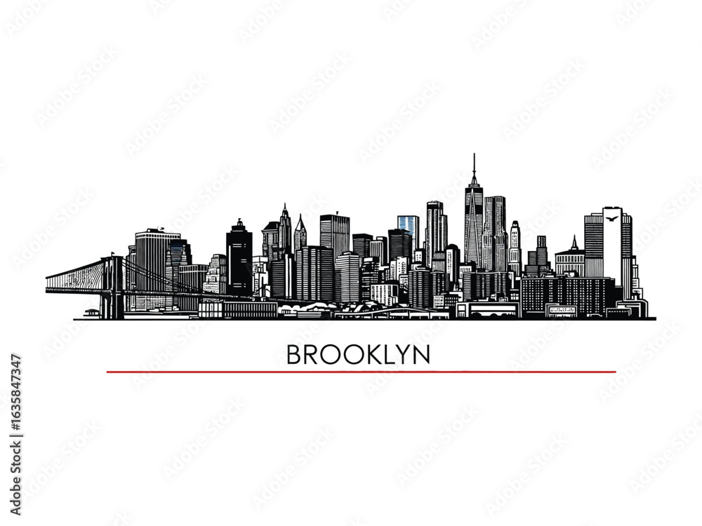 Naklejka premium Brooklyn Skyline: A captivating sketch of Brooklyn's iconic skyline, showcasing the city's majestic architecture in a monochromatic, minimalist art.