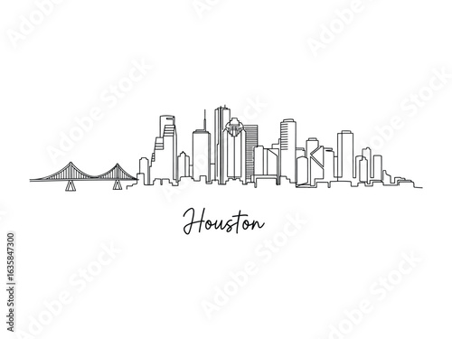 Houston Skyline Silhouette: A minimal, stylized line art representation of Houston's iconic skyline, offering a modern, sophisticated, and abstract view of the city's architecture.
