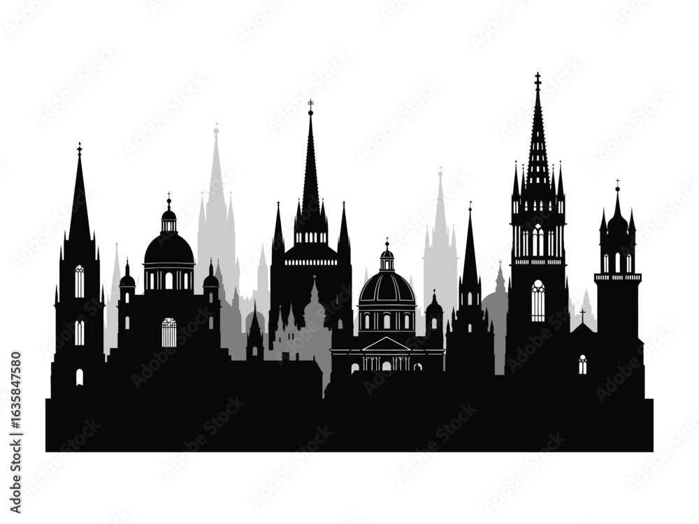Fototapeta premium Silhouette of Architectural Icons: A stark, elegant silhouette of iconic buildings showcases intricate architecture and striking design, capturing the city's skyline in graphic detail.