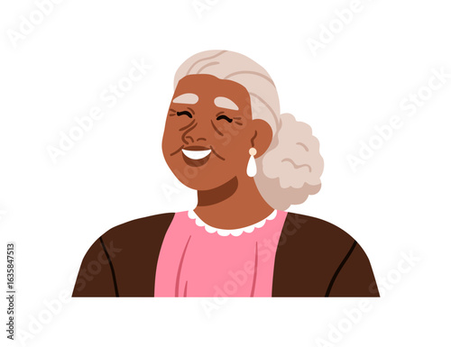 Senior old aged black woman laughing, smiling. Happy elderly African-American female with gray hair, earrings. Grandma portrait, avatar. Flat vector illustration isolated on white background