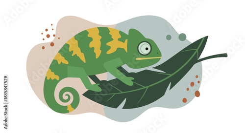 Chameleon on leaf, resting in abstract nature background, usable for illustrations