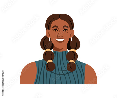 Happy woman smiling, head portrait. Cheerful female, face avatar. Young attractive hispanic girl with modern hairstyle, earrings, pretty makeup. Flat vector illustration isolated on white background