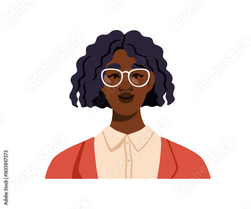 Black woman in glasses, business portrait. African-American female, head avatar, wearing eyeglasses, curly hair. Young office worker face. Flat vector illustration isolated on white background