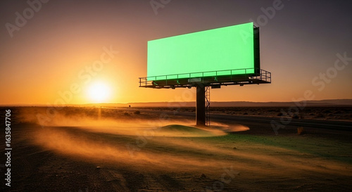 Empty billboard in a dusty desert landscape at sunrise or sunset
