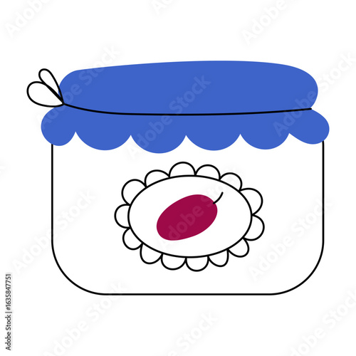 Plum jam jar icon with fruit label isolated on white background.