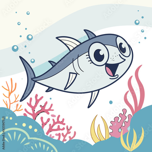 Vector art of a cute cartoon shark swims happily in the ocean surrounded by coral and bubbles