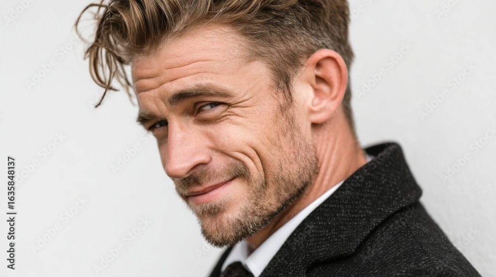 Fototapeta premium Confident man displays charm and cunning with sly smile in modern attire