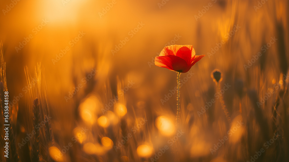Obraz premium A vibrant red poppy flower in a sunset-lit field, representing remembrance and natural beauty.