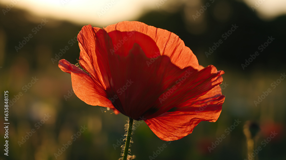 Obraz premium A vibrant red poppy flower bathed in golden sunset light, highlighting nature's beauty.