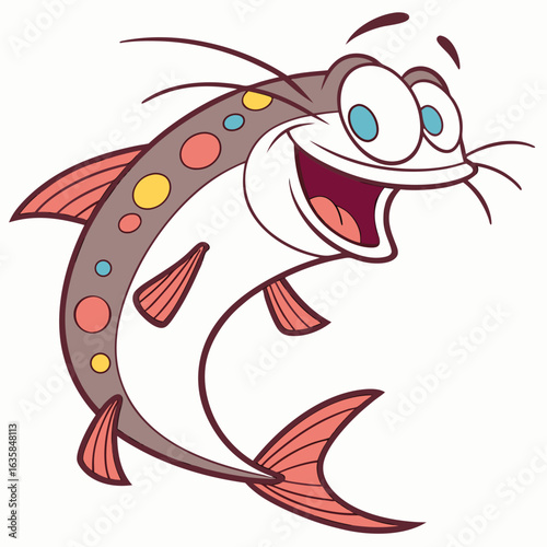 Vector art of happy cartoon fish character with colorful spots, isolated on white background