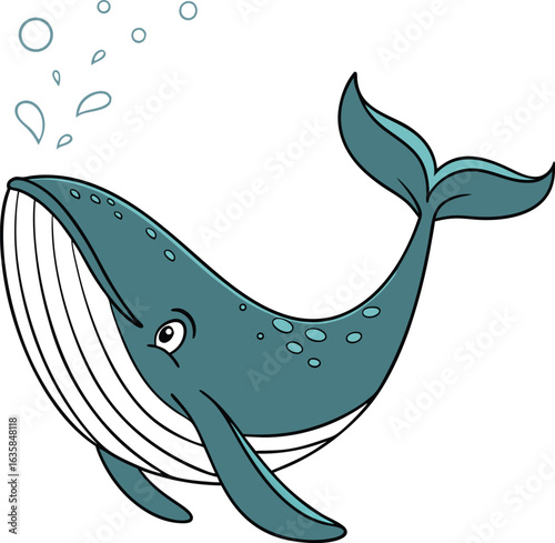Vector art of cartoon illustration of a blue whale swimming with bubbles coming from its blowhole, isolated on white background